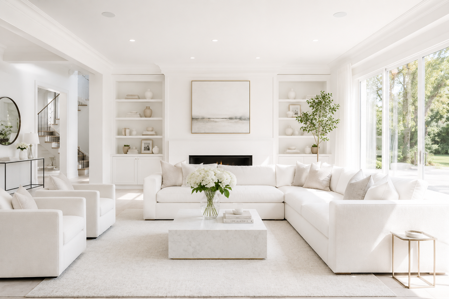 Pristine, sunlit luxury living room cleaned by Ecochic